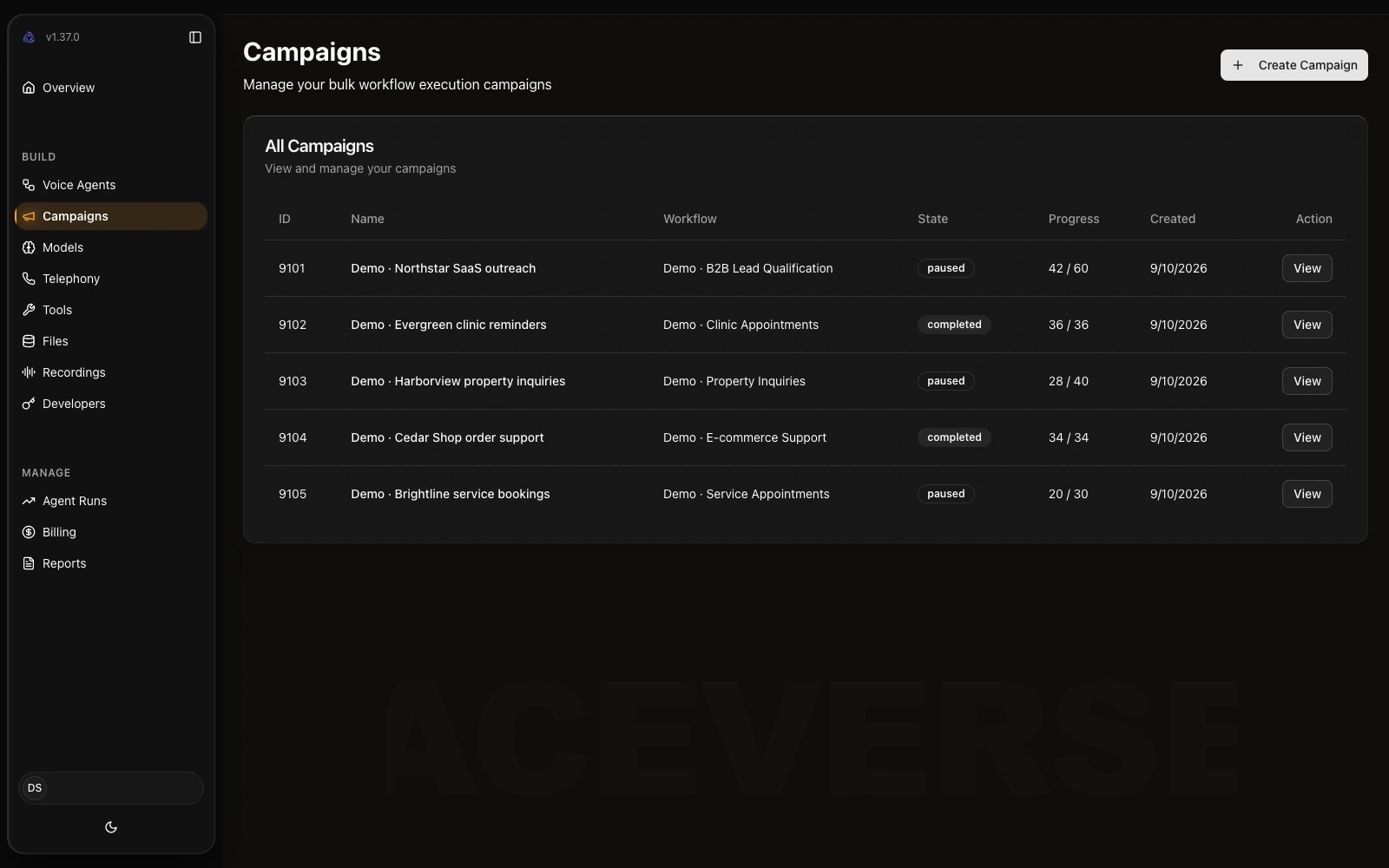 Agent Builder Campaigns with five mock business scenarios