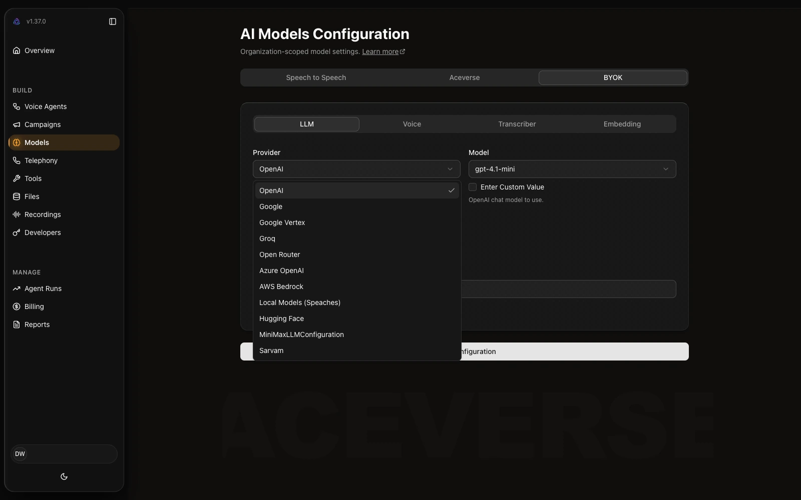 Agent Builder Models showing external API configuration without secrets
