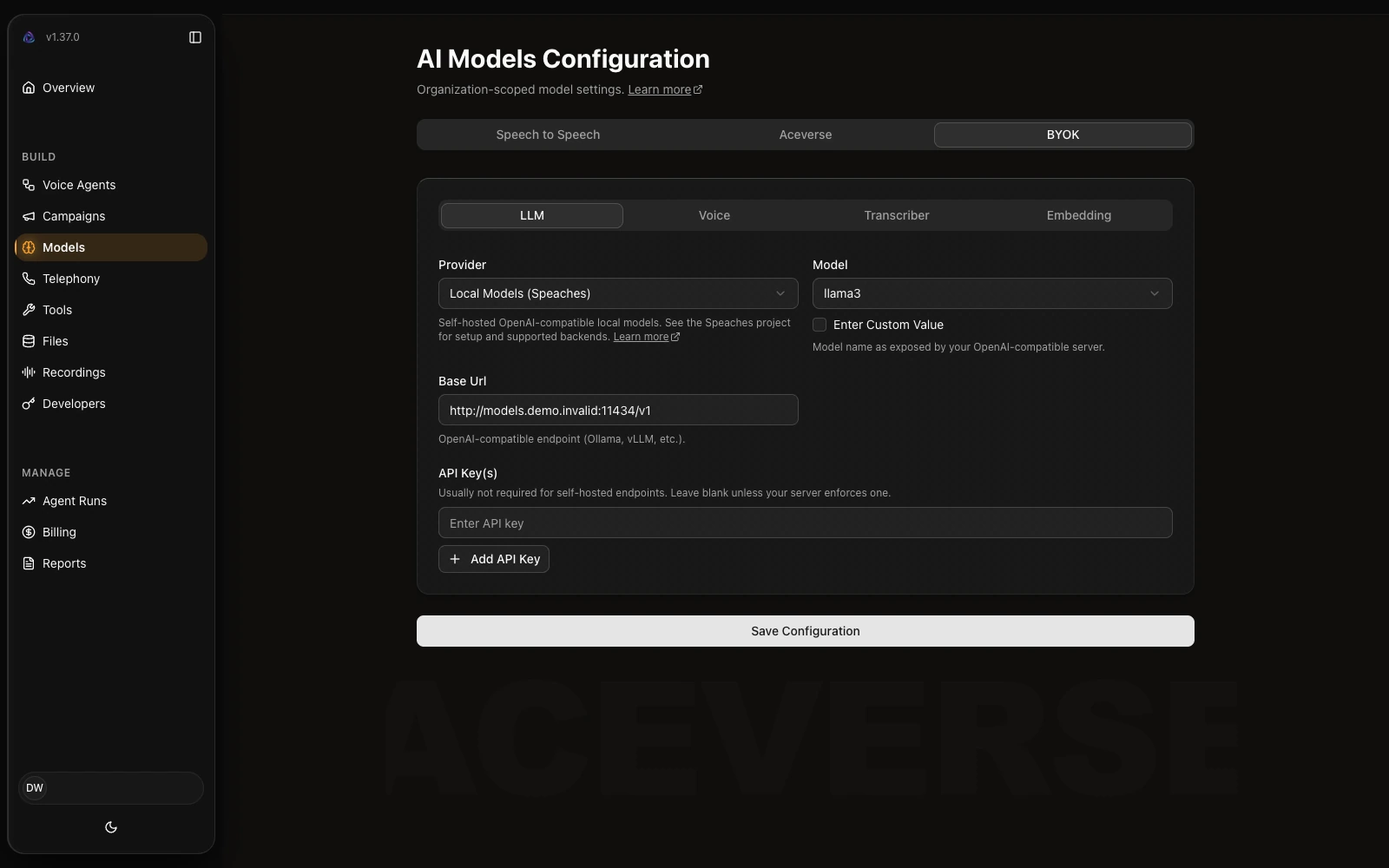 Self-hosted speech model configuration.