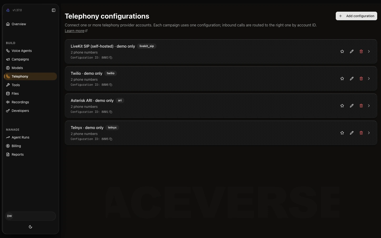 Agent Builder Telephony interface with demo provider connections