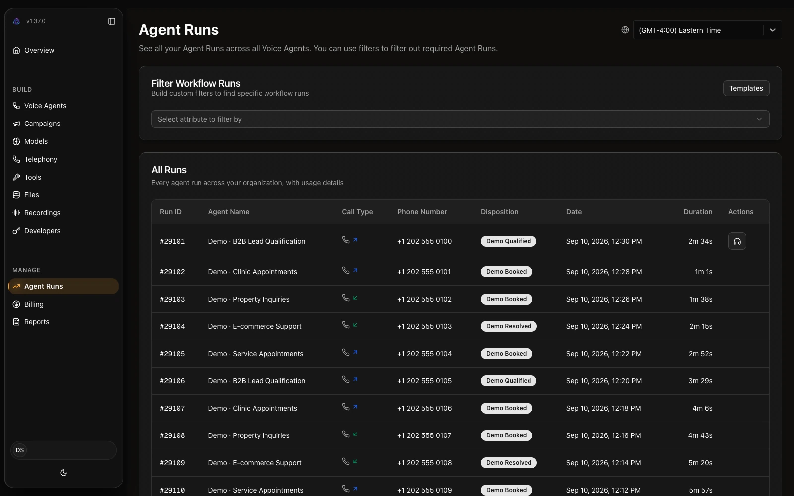 Agent Builder Agent Runs with mock statuses, durations and recording controls
