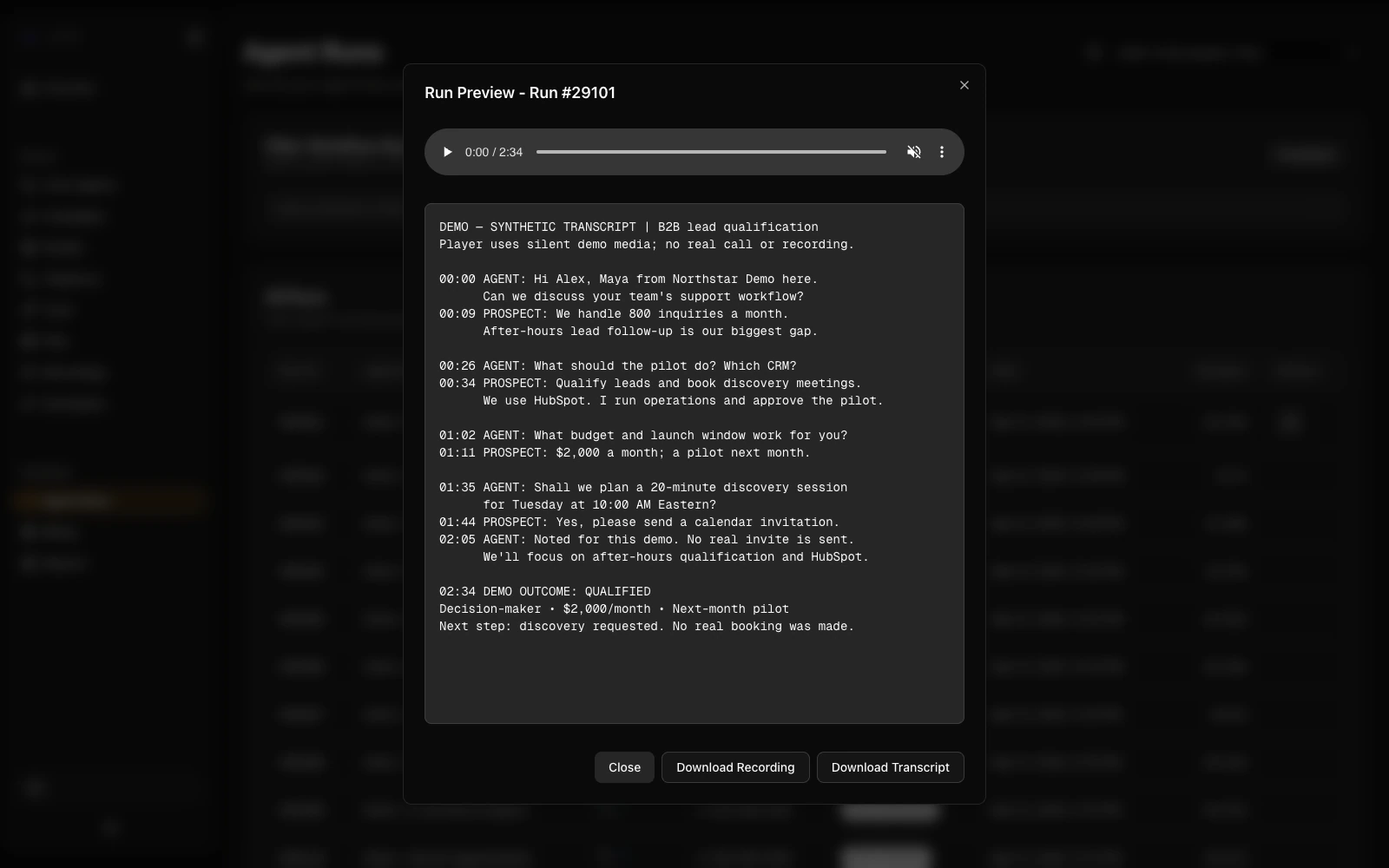 Recording and transcript in Agent Runs.
